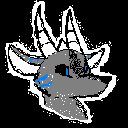 An icon of Zephyr drawn on Paint pixel art: a grey hybrid creature, half wolf half dragon, with shiny blue eyes and markings.
